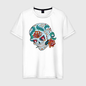 Мужская футболка хлопок с принтом Череп с цветами в Екатеринбурге, 100% хлопок | прямой крой, круглый вырез горловины, длина до линии бедер, слегка спущенное плечо. | 8 марта | day of the dead | gothic | halloween | skull | sugar skull | день мертвых | женский череп | мексиканский череп | новый год | подарок | сахарный череп | хэллоуин | человек | череп девушки