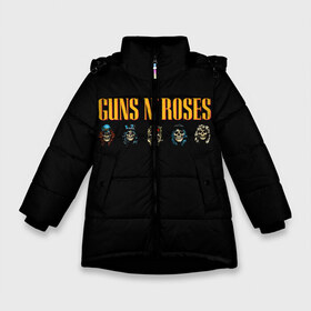 Зимняя куртка для девочек 3D с принтом Guns n roses в Екатеринбурге, ткань верха — 100% полиэстер; подклад — 100% полиэстер, утеплитель — 100% полиэстер. | длина ниже бедра, удлиненная спинка, воротник стойка и отстегивающийся капюшон. Есть боковые карманы с листочкой на кнопках, утяжки по низу изделия и внутренний карман на молнии. 

Предусмотрены светоотражающий принт на спинке, радужный светоотражающий элемент на пуллере молнии и на резинке для утяжки. | axl rose | geffen records | gnr | guns | rock | roses | slash | гансы | пистолеты | розы | рок | слеш | эксл роуз