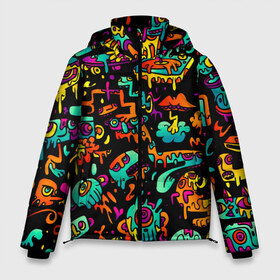 Мужская зимняя куртка 3D с принтом Multicolored Doodle в Екатеринбурге, верх — 100% полиэстер; подкладка — 100% полиэстер; утеплитель — 100% полиэстер | длина ниже бедра, свободный силуэт Оверсайз. Есть воротник-стойка, отстегивающийся капюшон и ветрозащитная планка. 

Боковые карманы с листочкой на кнопках и внутренний карман на молнии. | Тематика изображения на принте: 