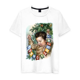 Мужская футболка хлопок с принтом Говно с дымом в Екатеринбурге, 100% хлопок | прямой крой, круглый вырез горловины, длина до линии бедер, слегка спущенное плечо. | Тематика изображения на принте: буквы | гирлянда | дым | ёлка | мальчик | новый год | флажки