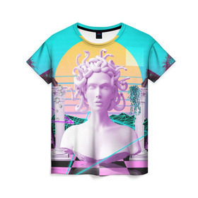 Женская футболка 3D с принтом Медуза Горгона в Екатеринбурге, 100% полиэфир ( синтетическое хлопкоподобное полотно) | прямой крой, круглый вырез горловины, длина до линии бедер | vaporwave | медуза горгона | неон | пальмы | скульптура | существо