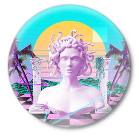 Значок с принтом Медуза Горгона в Екатеринбурге,  металл | круглая форма, металлическая застежка в виде булавки | vaporwave | медуза горгона | неон | пальмы | скульптура | существо