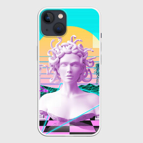 Чехол для iPhone 13 с принтом Медуза Горгона в Екатеринбурге,  |  | vaporwave | медуза горгона | неон | пальмы | скульптура | существо