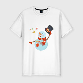 Мужская футболка премиум с принтом Снеговик в Екатеринбурге, 92% хлопок, 8% лайкра | приталенный силуэт, круглый вырез ворота, длина до линии бедра, короткий рукав | 2020 год | арт | новогодняя символика | новый год | подарки | праздник | снеговик | снеговики