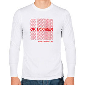 Мужской лонгслив хлопок с принтом OK BOOMER (RED) в Екатеринбурге, 100% хлопок |  | Тематика изображения на принте: boomer | boomers | generation | internet | meme | ok | ok boomer | young | бумеры | зумеры | интернет | мем | молодежь | ок | ок бумер | окей бумер | поколение