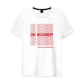Мужская футболка хлопок с принтом OK BOOMER (RED) в Екатеринбурге, 100% хлопок | прямой крой, круглый вырез горловины, длина до линии бедер, слегка спущенное плечо. | boomer | boomers | generation | internet | meme | ok | ok boomer | young | бумеры | зумеры | интернет | мем | молодежь | ок | ок бумер | окей бумер | поколение