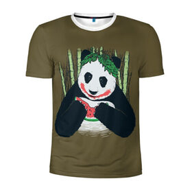 Мужская футболка 3D спортивная с принтом Panda в Екатеринбурге, 100% полиэстер с улучшенными характеристиками | приталенный силуэт, круглая горловина, широкие плечи, сужается к линии бедра | animal | арбуз | бамбук | животное | панда