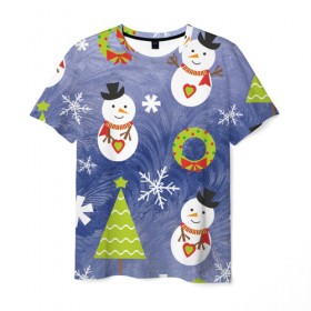 Мужская футболка 3D с принтом Снеговики и ёлочки в Екатеринбурге, 100% полиэфир | прямой крой, круглый вырез горловины, длина до линии бедер | 2020 | christmas | happy | merry | new year | в подарок | детский | елки | милый | новый год | поздравить | рождество | с новым годом | с рождеством | снеговик | снеговики | снежинки