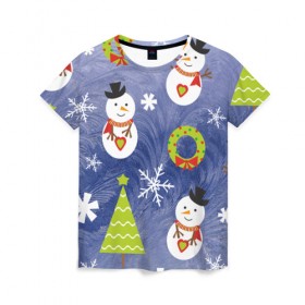 Женская футболка 3D с принтом Снеговики и ёлочки в Екатеринбурге, 100% полиэфир ( синтетическое хлопкоподобное полотно) | прямой крой, круглый вырез горловины, длина до линии бедер | 2020 | christmas | happy | merry | new year | в подарок | детский | елки | милый | новый год | поздравить | рождество | с новым годом | с рождеством | снеговик | снеговики | снежинки