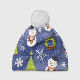 Шапка 3D c помпоном с принтом Снеговики и ёлочки в Екатеринбурге, 100% полиэстер | универсальный размер, печать по всей поверхности изделия | 2020 | christmas | happy | merry | new year | в подарок | детский | елки | милый | новый год | поздравить | рождество | с новым годом | с рождеством | снеговик | снеговики | снежинки