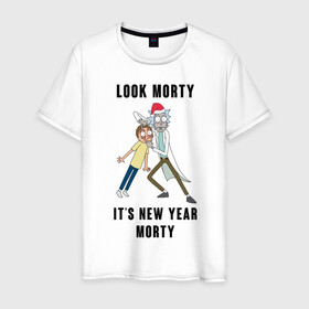 Мужская футболка хлопок с принтом LOOK MORTY ITS NEW YEAR MORTY в Екатеринбурге, 100% хлопок | прямой крой, круглый вырез горловины, длина до линии бедер, слегка спущенное плечо. | Тематика изображения на принте: cn_1970499_019061 | rick and morty | мультсериал | новый год | рик и морти | рождество
