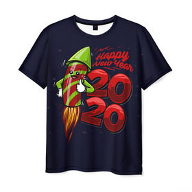 Мужская футболка 3D с принтом Happy New Year 2020 в Екатеринбурге, 100% полиэфир | прямой крой, круглый вырез горловины, длина до линии бедер | christmas | claus | jingle | merry | santa | елка | клаус | куранты | мишура | мороз | олени | подарки | праздник | ракета | рождество | салют | санта | снеговик | снежинки | сочельник