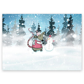 Поздравительная открытка с принтом Мышка лепит снеговика в Екатеринбурге, 100% бумага | плотность бумаги 280 г/м2, матовая, на обратной стороне линовка и место для марки
 | Тематика изображения на принте: 