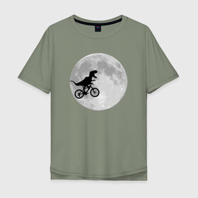 Мужская футболка хлопок Oversize с принтом T-rex Riding a Bike в Екатеринбурге, 100% хлопок | свободный крой, круглый ворот, “спинка” длиннее передней части | Тематика изображения на принте: moon | велосипед | дино | динозавр | кино | космос | луна | парк юрского периода | планета | тень | тирекс | фильм | юрский период