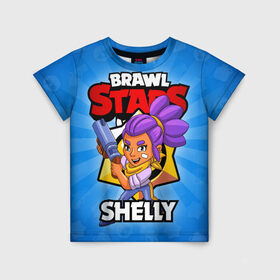 Детская футболка 3D с принтом BRAWL STARS SHELLY в Екатеринбурге, 100% гипоаллергенный полиэфир | прямой крой, круглый вырез горловины, длина до линии бедер, чуть спущенное плечо, ткань немного тянется | Тематика изображения на принте: 