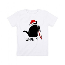 Детская футболка хлопок с принтом Новогодний кот с ножом в Екатеринбурге, 100% хлопок | круглый вырез горловины, полуприлегающий силуэт, длина до линии бедер | cat | kitten | knife | what | дед мороз | кетчуп | кот | котёнок | кошка | кровь | новы год | нож | рождество | что | шапка