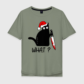 Мужская футболка хлопок Oversize с принтом Новогодний кот с ножом  в Екатеринбурге, 100% хлопок | свободный крой, круглый ворот, “спинка” длиннее передней части | cat | kitten | knife | what | дед мороз | кетчуп | кот | котёнок | кошка | кровь | новы год | нож | рождество | что | шапка
