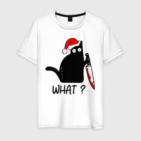Мужская футболка хлопок с принтом Новогодний кот с ножом в Екатеринбурге, 100% хлопок | прямой крой, круглый вырез горловины, длина до линии бедер, слегка спущенное плечо. | cat | kitten | knife | what | дед мороз | кетчуп | кот | котёнок | кошка | кровь | новы год | нож | рождество | что | шапка