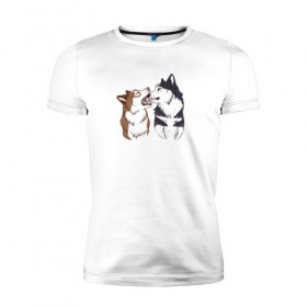 Мужская футболка премиум с принтом Две Хаски в Екатеринбурге, 92% хлопок, 8% лайкра | приталенный силуэт, круглый вырез ворота, длина до линии бедра, короткий рукав | две хаски | друзья | питомцы | рисунок | собаки | хаски