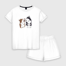 Женская пижама с шортиками хлопок с принтом Две Хаски в Екатеринбурге, 100% хлопок | футболка прямого кроя, шорты свободные с широкой мягкой резинкой | две хаски | друзья | питомцы | рисунок | собаки | хаски
