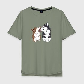 Мужская футболка хлопок Oversize с принтом Две Хаски в Екатеринбурге, 100% хлопок | свободный крой, круглый ворот, “спинка” длиннее передней части | две хаски | друзья | питомцы | рисунок | собаки | хаски