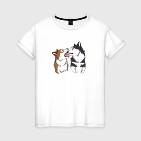 Женская футболка хлопок с принтом Две Хаски в Екатеринбурге, 100% хлопок | прямой крой, круглый вырез горловины, длина до линии бедер, слегка спущенное плечо | Тематика изображения на принте: две хаски | друзья | питомцы | рисунок | собаки | хаски