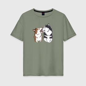 Женская футболка хлопок Oversize с принтом Две Хаски в Екатеринбурге, 100% хлопок | свободный крой, круглый ворот, спущенный рукав, длина до линии бедер
 | две хаски | друзья | питомцы | рисунок | собаки | хаски