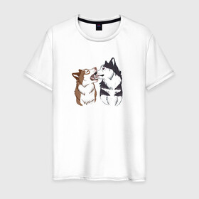 Мужская футболка хлопок с принтом Две Хаски в Екатеринбурге, 100% хлопок | прямой крой, круглый вырез горловины, длина до линии бедер, слегка спущенное плечо. | две хаски | друзья | питомцы | рисунок | собаки | хаски