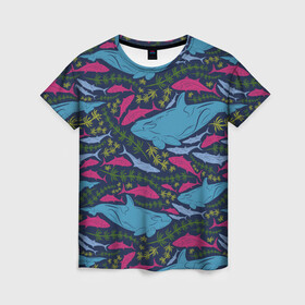 Женская футболка 3D с принтом Касатки в Екатеринбурге, 100% полиэфир ( синтетическое хлопкоподобное полотно) | прямой крой, круглый вырез горловины, длина до линии бедер | водоросли | касатки | киты | море | океан | под водой | рыбы