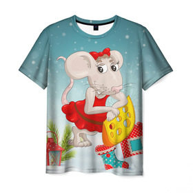 Мужская футболка 3D с принтом Милая мышка с сыром в Екатеринбурге, 100% полиэфир | прямой крой, круглый вырез горловины, длина до линии бедер | Тематика изображения на принте: 2020 | mouse | rat | годкрысы | годмыши | зима | зимняя | крыса | мороз | мышка | мышь | новогодняя | новый год | новый год 2020 | рождество | симолгода | снег | холод