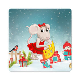 Магнит виниловый Квадрат с принтом Милая мышка с сыром в Екатеринбурге, полимерный материал с магнитным слоем | размер 9*9 см, закругленные углы | 2020 | mouse | rat | годкрысы | годмыши | зима | зимняя | крыса | мороз | мышка | мышь | новогодняя | новый год | новый год 2020 | рождество | симолгода | снег | холод