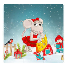 Магнитный плакат 3Х3 с принтом Милая мышка с сыром в Екатеринбурге, Полимерный материал с магнитным слоем | 9 деталей размером 9*9 см | 2020 | mouse | rat | годкрысы | годмыши | зима | зимняя | крыса | мороз | мышка | мышь | новогодняя | новый год | новый год 2020 | рождество | симолгода | снег | холод