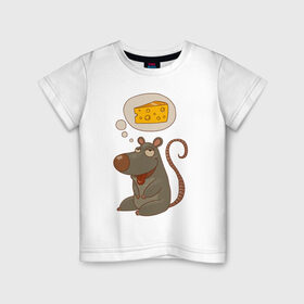 Детская футболка хлопок с принтом Мышка мечтает о сыре в Екатеринбурге, 100% хлопок | круглый вырез горловины, полуприлегающий силуэт, длина до линии бедер | 