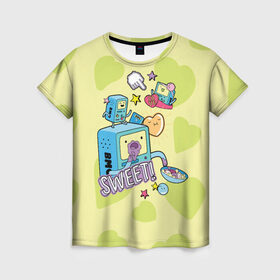 Женская футболка 3D с принтом Sweet BMOs в Екатеринбурге, 100% полиэфир ( синтетическое хлопкоподобное полотно) | прямой крой, круглый вырез горловины, длина до линии бедер | adventure time | bmo | dsgnosadchaya | sweet | vdosadir | бимо | время приключений | пендлтон уорд