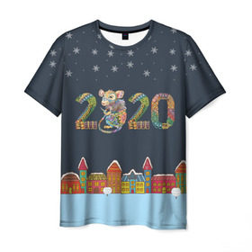 Мужская футболка 3D с принтом Новый Год 2020 - год крысы в Екатеринбурге, 100% полиэфир | прямой крой, круглый вырез горловины, длина до линии бедер | Тематика изображения на принте: 2020 | mouse | rat | годкрысы | годмыши | зима | зимняя | крыса | мороз | мышка | мышь | новогодняя | новый год | новый год 2020 | рождество | симолгода | снег | холод
