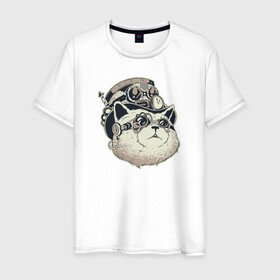 Мужская футболка хлопок с принтом Кот Steampunk в Екатеринбурге, 100% хлопок | прямой крой, круглый вырез горловины, длина до линии бедер, слегка спущенное плечо. | cat | kitty | steampunk | кот | котики | коты | кошка | кошки | стимпанк