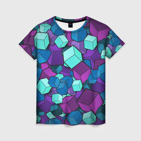 Женская футболка 3D с принтом Кубы в Екатеринбурге, 100% полиэфир ( синтетическое хлопкоподобное полотно) | прямой крой, круглый вырез горловины, длина до линии бедер | абстрактно | абстрактные | абстрактный | абстрактным | абстракция | кубики | кубические | кубический | кубическое | кубы | неон | неонка | неоновые | разноцветные | светящиеся | цветное | цветные