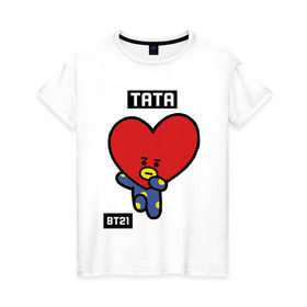 Женская футболка хлопок с принтом TATA BT21 в Екатеринбурге, 100% хлопок | прямой крой, круглый вырез горловины, длина до линии бедер, слегка спущенное плечо | Тематика изображения на принте: bt21 | bts | chimmy | cooky | koya | love yourself. | mang | rj | shooky | tata | бт21 | бтс