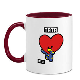 Кружка двухцветная с принтом TATA BT21 в Екатеринбурге, керамика | объем — 330 мл, диаметр — 80 мм. Цветная ручка и кайма сверху, в некоторых цветах — вся внутренняя часть | bt21 | bts | chimmy | cooky | koya | love yourself. | mang | rj | shooky | tata | бт21 | бтс