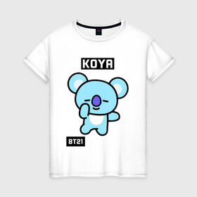 Женская футболка хлопок с принтом KOYA BT21 в Екатеринбурге, 100% хлопок | прямой крой, круглый вырез горловины, длина до линии бедер, слегка спущенное плечо | bt21 | bts | chimmy | cooky | koya | love yourself. | mang | rj | shooky | tata | бт21 | бтс