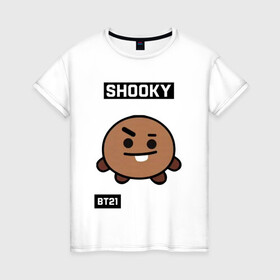 Женская футболка хлопок с принтом SHOOKY BT21 в Екатеринбурге, 100% хлопок | прямой крой, круглый вырез горловины, длина до линии бедер, слегка спущенное плечо | bt21 | bts | chimmy | cooky | koya | love yourself. | mang | rj | shooky | tata | бт21 | бтс
