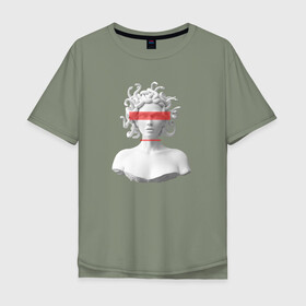 Мужская футболка хлопок Oversize с принтом Медуза Горгона в Екатеринбурге, 100% хлопок | свободный крой, круглый ворот, “спинка” длиннее передней части | девушка | медуза горгона | миф | полосы | скульптура | стиль