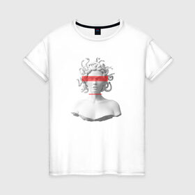 Женская футболка хлопок с принтом Медуза Горгона в Екатеринбурге, 100% хлопок | прямой крой, круглый вырез горловины, длина до линии бедер, слегка спущенное плечо | девушка | медуза горгона | миф | полосы | скульптура | стиль