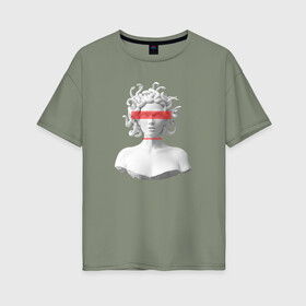 Женская футболка хлопок Oversize с принтом Медуза Горгона в Екатеринбурге, 100% хлопок | свободный крой, круглый ворот, спущенный рукав, длина до линии бедер
 | девушка | медуза горгона | миф | полосы | скульптура | стиль
