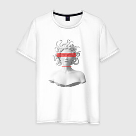 Мужская футболка хлопок с принтом Медуза Горгона в Екатеринбурге, 100% хлопок | прямой крой, круглый вырез горловины, длина до линии бедер, слегка спущенное плечо. | девушка | медуза горгона | миф | полосы | скульптура | стиль