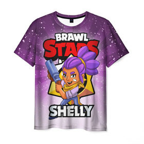 Мужская футболка 3D с принтом BRAWL STARS SHELLY в Екатеринбурге, 100% полиэфир | прямой крой, круглый вырез горловины, длина до линии бедер | brawl stars | brawl stars shelly | brawler | shelly | бравл старз | бравлер | шелли