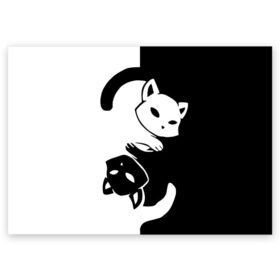 Поздравительная открытка с принтом ДВА КОТА КУВЫРКАЮТСЯ. в Екатеринбурге, 100% бумага | плотность бумаги 280 г/м2, матовая, на обратной стороне линовка и место для марки
 | black white | два кота кувыркаются | животные | котики | коты | черно белое
