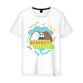 Мужская футболка хлопок с принтом Respect keep real в Екатеринбурге, 100% хлопок | прямой крой, круглый вырез горловины, длина до линии бедер, слегка спущенное плечо. | Тематика изображения на принте: baby bears | bare bears | charle and bears | dsgngerzen | grizz | isebear | panda | panpan | selfie panpan | vdgerir | вся правда о медведях
