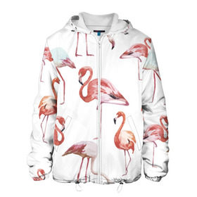 Мужская куртка 3D с принтом Розовый фламинго в Екатеринбурге, ткань верха — 100% полиэстер, подклад — флис | прямой крой, подол и капюшон оформлены резинкой с фиксаторами, два кармана без застежек по бокам, один большой потайной карман на груди. Карман на груди застегивается на липучку | 