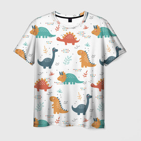 Мужская футболка 3D с принтом Милые динозавры в Екатеринбурге, 100% полиэфир | прямой крой, круглый вырез горловины, длина до линии бедер | dinosaurs | динозавр | динозавры | животные | игрушки | мульт динозавры | мультяшки динозавры | тиранозавр